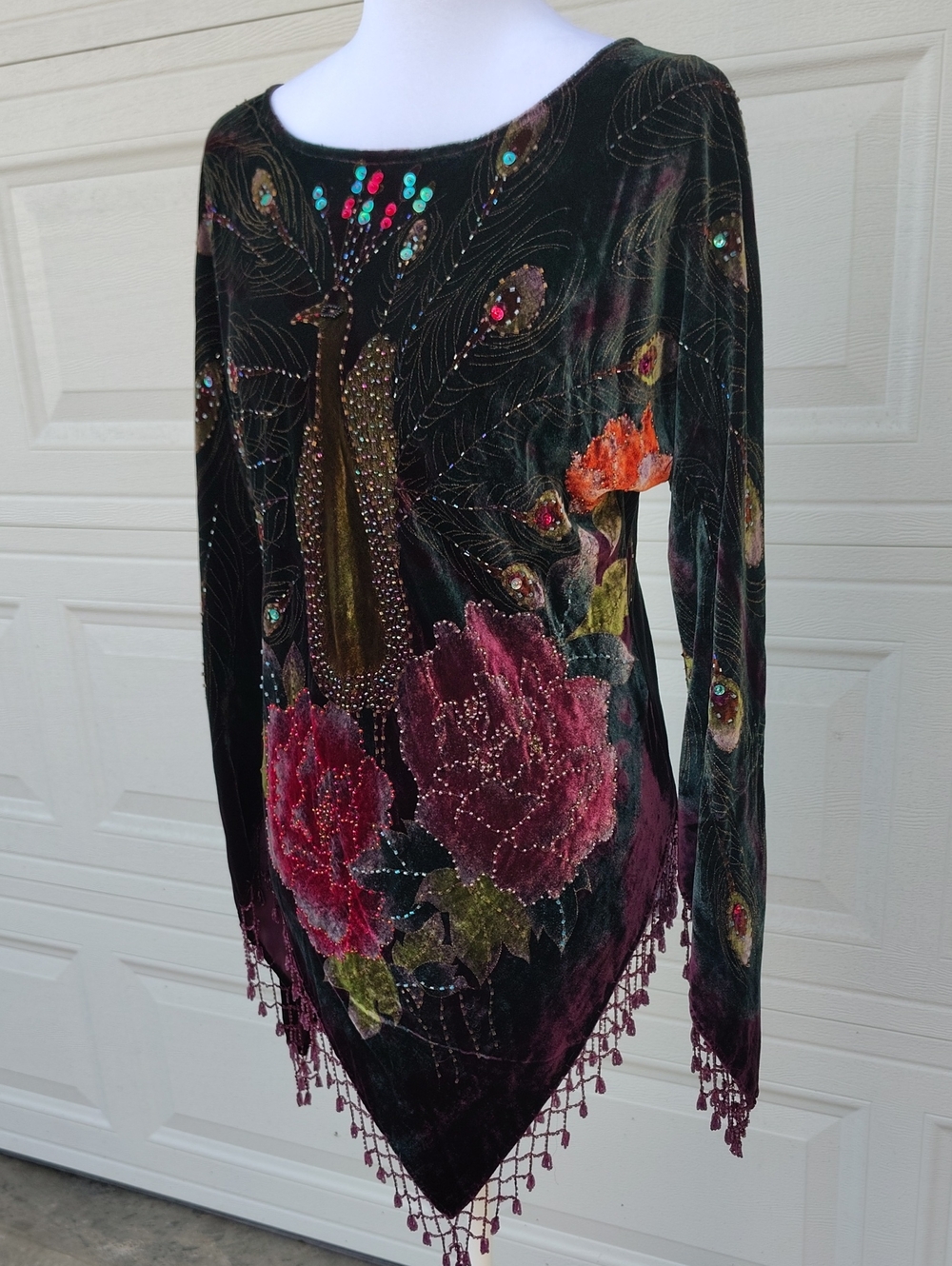 Vintage Aris A Silk Peacock Burnout Velvet Asymmetrical Tunic Top 90s Whimsigoth